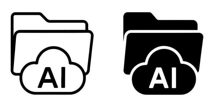 AI cloud folder icon set with outline and solid styles, artificial intelligence file storage symbol, smart data organization graphic, machine learning document management element