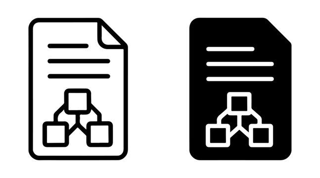 AI blockchain document icon set with outline and solid styles, smart contract file symbol, distributed ledger technology graphic, artificial intelligence encrypted paper element