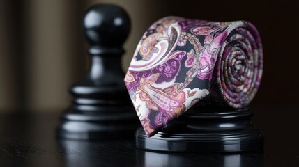 Elegant Purple and Black Silk Tie Rolled on Classic Chess Piece in a Sophisticated Setting, Perfect for Fashion and Style Themes in Editorial and Commercial Use
