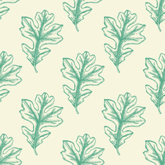 Teal oak leaves pattern on a cream background