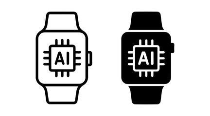 AI digital watch chip icon set with outline and solid styles, smart timepiece symbol, machine learning wearable technology graphic, intelligent processor device element