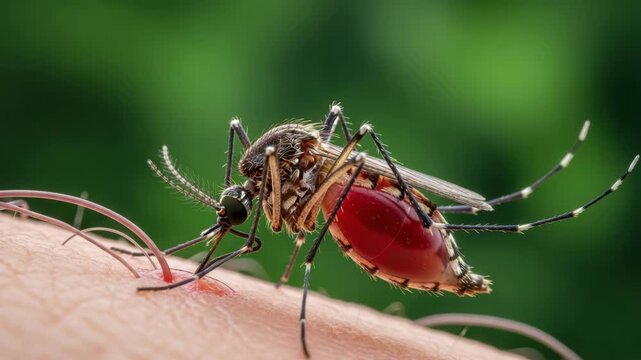 striped mosquito with blood-filled abdomen pierces human skin with its proboscis actively feeding Tiny skin hairs surround the bite on the light-toned skin against soft green backdrop