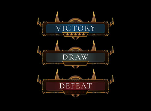 Fantasy victory draw defeat banner UI. Ornamental horned medieval gothic result screen with star rating for rpg moba mmorpg strategy card game battle interface. Dark fantasy ornate overlay pack.