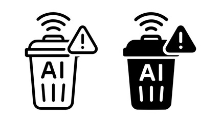 AI smart trash bin icon set with outline and solid styles, intelligent waste management symbol, machine learning recycling sensor graphic, automated disposal technology element
