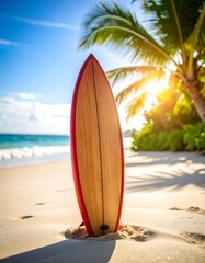 Wooden surfboard on a sun-drenched tropical beach