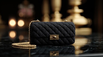 Elegant Black Quilted Handbag with Chain Strap Set Against a Luxurious Background, Perfect for Fashion and Accessory Photography, Evening Events, and Style Inspirations