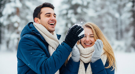 Fototapeta premium Happy couple enjoying a playful snowball fight in a winter forest