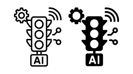 AI traffic light icon set with outline and solid styles, smart intersection control symbol, machine learning urban management graphic, intelligent transportation technology element