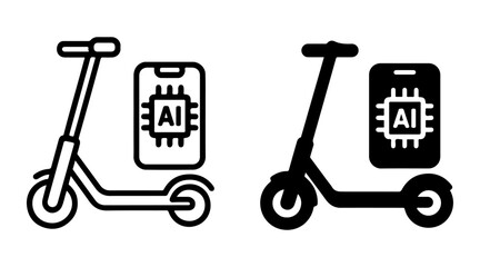 AI electric scooter app control icon set with outline and solid styles, smart mobility device symbol, machine learning transportation graphic, intelligent connected technology element