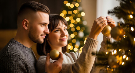 Happy couple decorating a christmas tree with golden ornaments