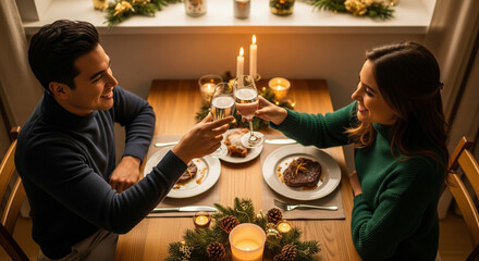 Happy couple toasting with champagne at a romantic festive dinner