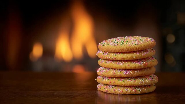 Delicious Sprinkled Cookies Stacked Warmly Before a Cozy Fireplace.
