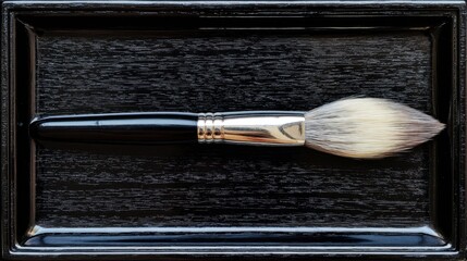 Elegant makeup brush on a sleek black surface, perfect for beauty, cosmetics, and art applications, showcasing fine bristles and a polished handle for precision.