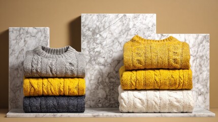 Cozy Textured Sweaters Displayed in Warm Tones on Marble Background for Seasonal Fashion Promotion and Lifestyle Inspiration Images