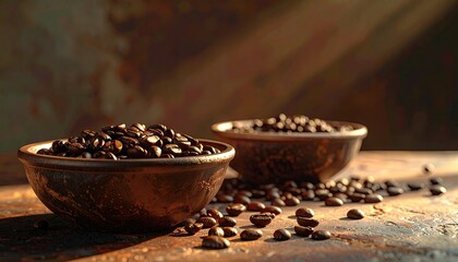 Roasted Coffee Beans in Rustic Bowls with Warm Golden Light on Textured Surface