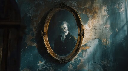 Gothic Reflection of a in an Antique Oval Mirror on a Textured, Peeling Wall