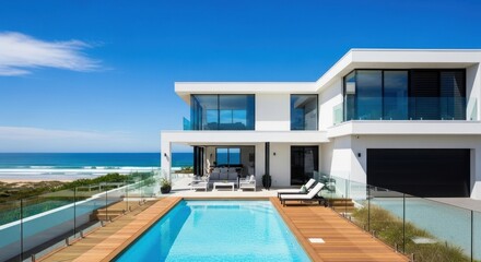 Modern, luxurious home showcases a pristine outdoor swimming pool with clear turquoise water and wooden decking, offering stunning views of a sandy beach and the vast, deep blue ocean under a clear,