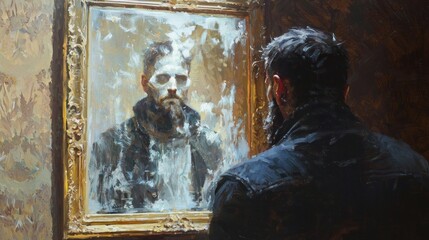 Contemplating an Expressive Impasto Portrait, a Textured Oil Painting Exploring Identity and Reflection.