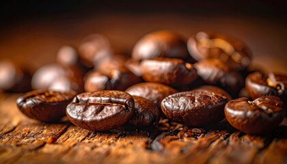 Roasted Coffee Beans on a Wooden Surface in Warm Light