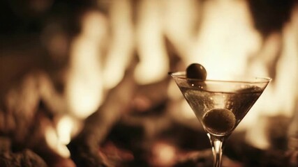 Sophisticated Martini Cocktail with Olives Beside a Warm, Cozy Fireplace. - Powered by Adobe