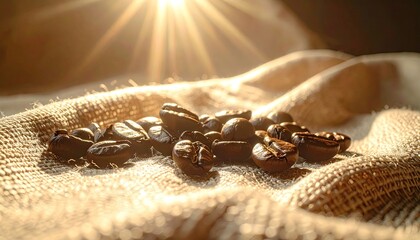 Roasted Coffee Beans on Burlap Sack with Bright Sunlight