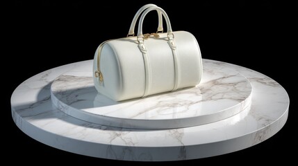 Elegant White Handbag Displayed on a Marble Pedestal in a Studio Setting with Dramatic Lighting Showcasing Premium Fashion Accessories and Modern Design
