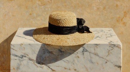 Elegant Straw Hat with Black Ribbon Gracefully Positioned on a Marble Surface, Capturing Warm Light and Textures in a Minimalist Composition