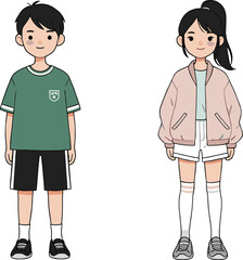 Cute cartoon teenage boy and girl standing together, casual modern clothing, youth character illustration, fashion style, vector artwork, school age children