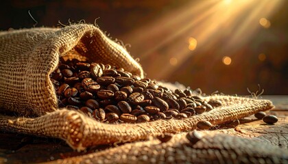 Roasted Coffee Beans Overflowing from Burlap Sack on Rustic Wooden Table in Warm Sunlight