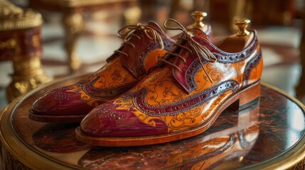 Exquisite handcrafted leather shoes showcasing intricate designs and vibrant colors, perfect for elegant occasions or formal events in luxurious settings