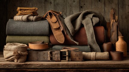 Rustic Workshop Scene Featuring Textiles, Leather Goods, and Natural Materials on a Wooden Table, Capturing the Essence of Craftsmanship and Artisanal Lifestyle