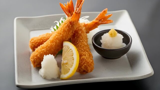 Crispy Shrimp Tempura Delight A Culinary Still Life with Lemon and Daikon