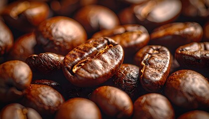 Roasted Coffee Beans Texture in Warm Light Close Up
