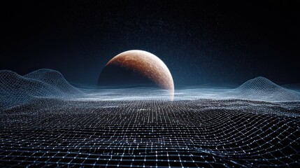 A futuristic landscape with a planet and a moon in the distance, surrounded by a digital grid.