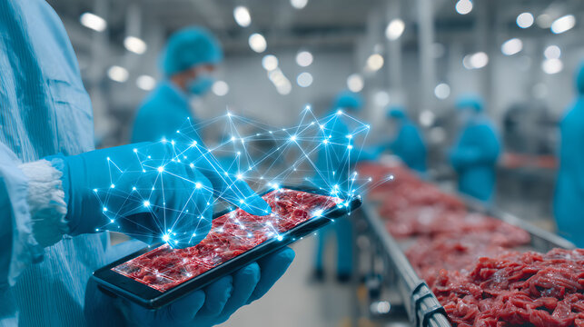 Gloved hand using a tablet to monitor raw meat quality on a factory production line.
 - Powered by Adobe