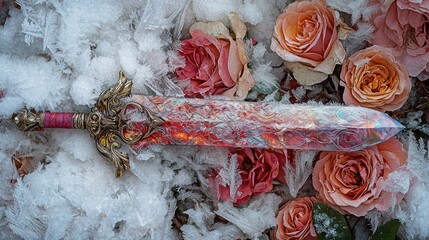 Ornate fantasy sword with a fiery, crystal blade nestled among frosty roses and intricate ice formations, showcasing a vibrant contrast of warmth and cold in a magical winter setting.