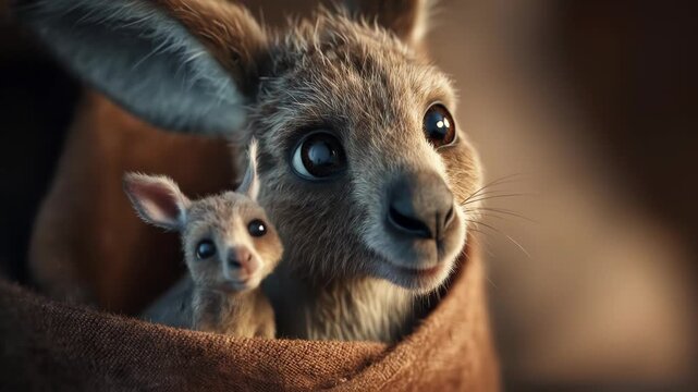A close-up of a kangaroo and joey nestled together, with soft fur, gentle eyes, and a warm, blurred background