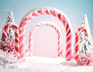 Snowy path through glowing pink candy cane arches
