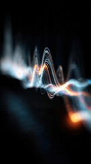 Abstract visualization of glowing sound waves and light trails on dark background. Concept of audio technology, digital signal and futuristic communication
