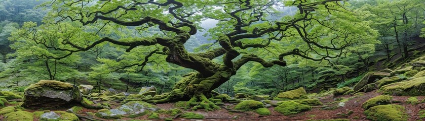 A majestic tree with sprawling branches surrounded by lush greenery and moss-covered rocks in a serene forest setting.