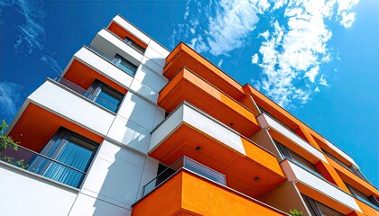 Residential High Rise with Red and Beige Panels under Blue Sky Perspective View