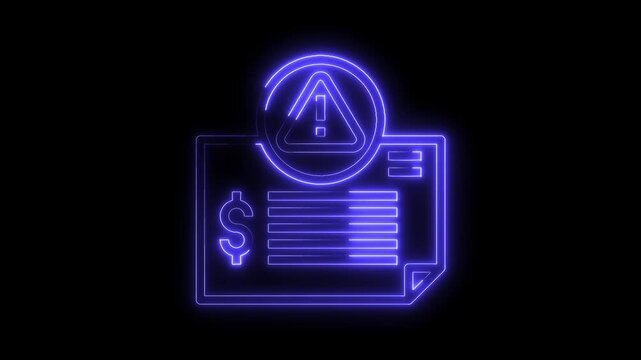 Neon financial statement warning indicator animation financial risk and loss concept black background