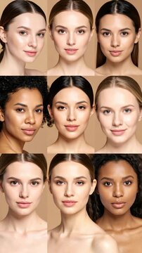 Collage of diverse young women with various skin tones posing against neutral background, showcasing beauty and ethnicity, skincare concept