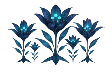 Glowing blue fantasy flowers with crystalline petals isolated on transparent background