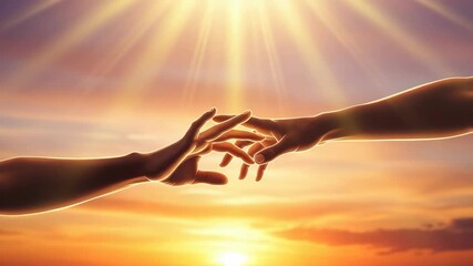 Two hands reach across vibrant glowing sunset sky almost touching fingertips amidst golden light rays One hand extends from the left fingers splayed; the other from the right poised for contact symbol - Powered by Adobe