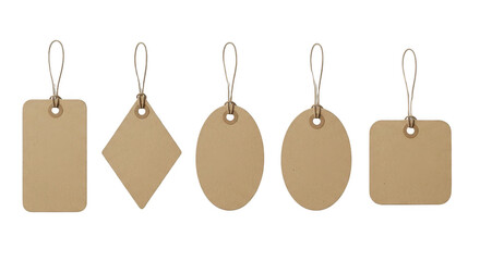 Five assorted brown cardboard tags with strings, isolated on transparent background