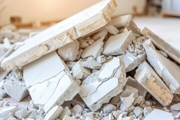 A pile of broken concrete and plaster shards scattered on the floor, indicating recent demolition or renovation work.