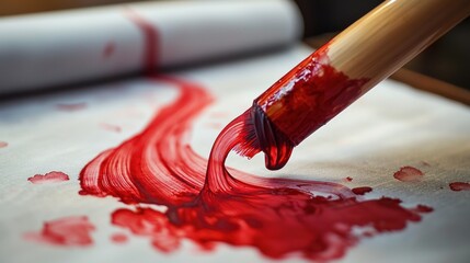 Macro close-up of a paintbrush making dynamic, textured strokes with vibrant red liquid paint on a white surface, showcasing the fluid motion and creative artistic process.