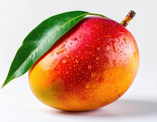 Ripe Mango with Leaf on White Background Close Up Shot of Tropical Fruit with Red Yellow Skin and Water Droplets