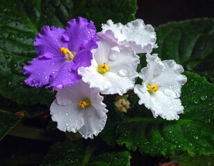 Close Up of Purple and White African Violets.